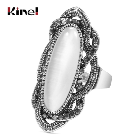 Qualité supérieure Style Bohème Blanc Opale Anneau Grand Ovale Plaqué Argent Mosaïque AAA Gris Cristal Anneaux Pour Les Femmes Bijoux Vintage ► Photo 1/6