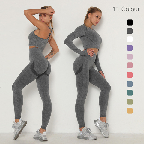 Femmes sans couture ensemble de gymnastique à manches longues haut taille haute contrôle du ventre Sport Leggings vêtements de Sport sans couture Sport costume Sexy butin filles ► Photo 1/6