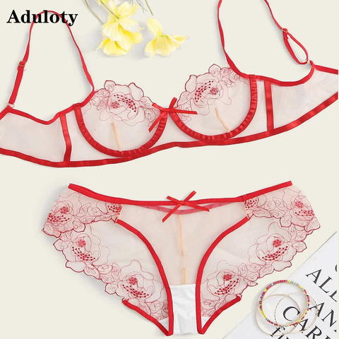 Ensemble Sexy de soutien-gorge et culotte en dentelle pour femmes, sous-vêtements surdimensionnés, avec broderie de fleurs, lingerie transparente ► Photo 1/6