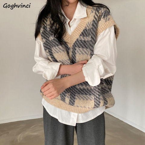 Pull gilet femmes col en v Plaid ample rétro Style coréen doux mode loisirs tout-match quotidien élégant classique dame de haute qualité ► Photo 1/6