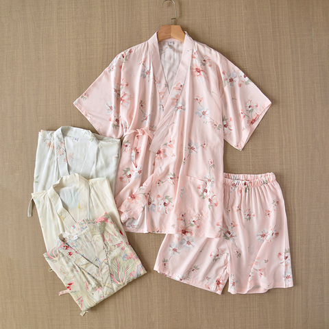 Ensemble pyjama à manches courtes pour femme, kimono de style japonais, tenue de service à domicile en coton, rose, été ► Photo 1/6