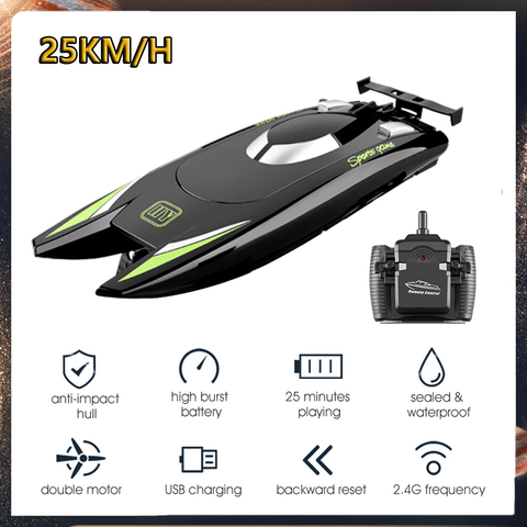 2.4G RC bateaux 25 KM/H haute vitesse bateau de course 2 canaux double moteur télécommande bateaux pour enfants adulte bateau de course argent noir ► Photo 1/6