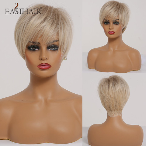 EASIHAIR – perruque synthétique courte Blonde ombrée pour femmes, coiffure superposée, cheveux naturels, Cosplay, perruques quotidiennes complètes résistantes à la chaleur ► Photo 1/6