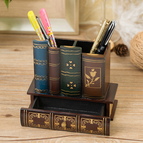 Porte-stylo en bois rétro en forme de livre, organisateur de bureau pour la papeterie, accessoires de décoration de bureau, boîte de rangement multifonction, cadeau pour enfants ► Photo 1/6