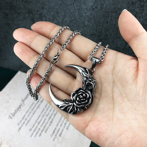 Rétro Punk Goth Style acier inoxydable chaîne collier pour les femmes gothique sur le cou pendentif croissant de lune Rose pendentifs bijoux ► Photo 1/6