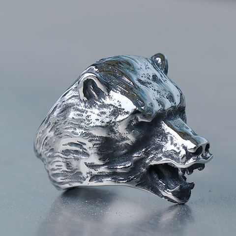 Bague Viking en acier inoxydable pour hommes, tête d'ours en forme d'animaux, maître de la Jungle esclave, anneau de tête d'ours en vogue, bijoux à la mode ► Photo 1/5