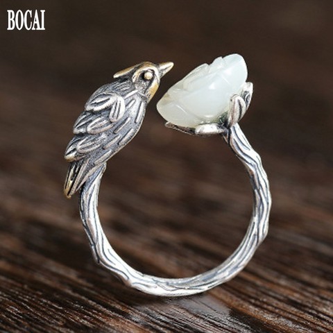 Bague en argent sterling S925 pour femme, bijou vintage ajustable, oiseau, fleur de jade naturelle, nouvelle collection 2022 ► Photo 1/6