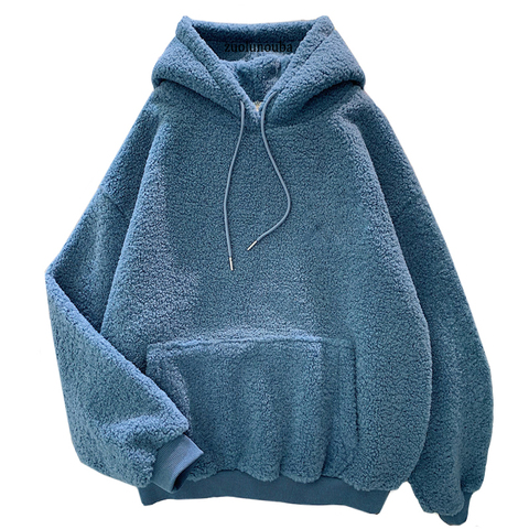 Sweat à capuche en velours pour femmes, manteau épais et chaud, pull-over bleu solide, ample à manches longues, automne et hiver décontracté ► Photo 1/6