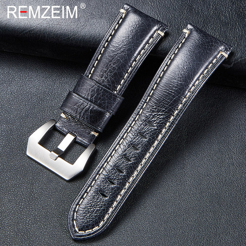 REMZEIM – bracelet de montre en cuir véritable, 20, 22, 24, 26mm, bleu, vert, avec boucle en acier inoxydable ► Photo 1/5