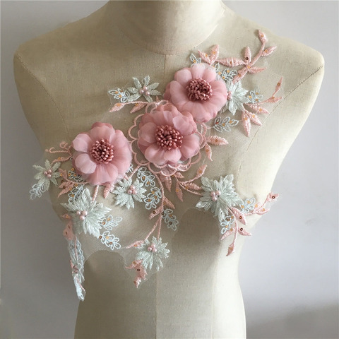 Dentelle brodée en 3D, tissu couture de fleurs, ABS, col de perles, matériel artisanal, Application de paillettes, accessoires de couture ► Photo 1/3