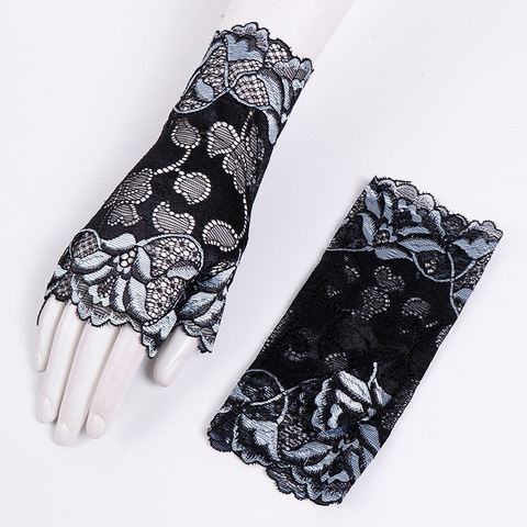 Gants d'été Sexy demi-doigt en dentelle pour femmes, gants de soleil courts à motif de fleurs roses sans doigts, ligne lumineuse ► Photo 1/4