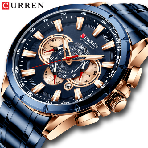 CURREN marque de luxe montre pour hommes bleu Quartz montre-bracelet sport chronographe horloge mâle en acier inoxydable bande de mode montre d'affaires ► Photo 1/6