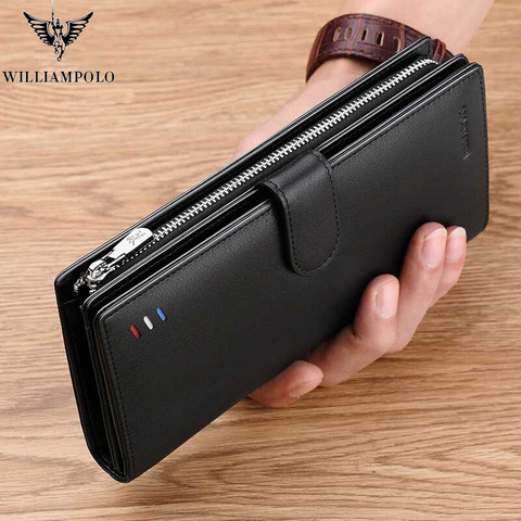 Haute qualité en cuir véritable long hommes portefeuille mode téléphone mobile crédit portefeuille porte-cartes affaires pochette noir pl303 ► Photo 1/6