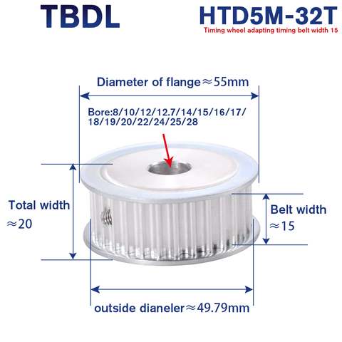 Poulie de synchronisation intérieure de 5M de Type 32T, Bore8/10/12/12 poulie pour courroie de synchronisation HTD, 5mm de large, 7/14/15/16/17/20/22/24/25/28mm ► Photo 1/6