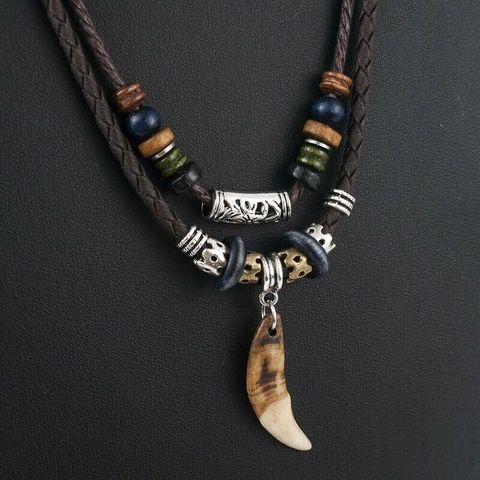 Vintage hommes pendentif dent de loup en cuir perlé tissé collier de prière bijoux ► Photo 1/6