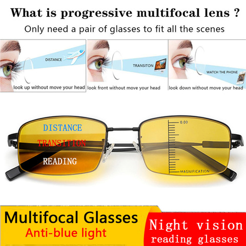 Nouvelles lunettes multifocales progressives de vision nocturne Distance et près de double usage lunettes de lecture de conception de conduite de faisceau lumineux bleu ► Photo 1/6