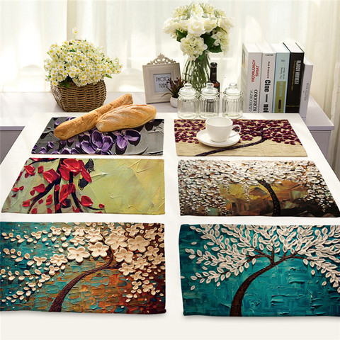 Napperon de cuisine motif arbre à fleurs, 1 pièce, tapis de Table à manger, dessous de verre en lin coton, tapis de tasse, 42x32cm, décoration de la maison, MP0016 ► Photo 1/6