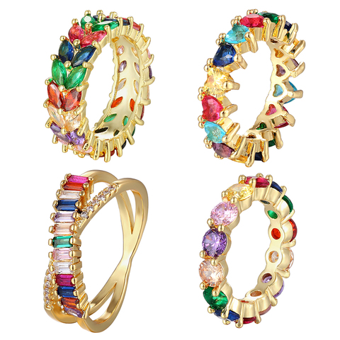 Bague en strass et en cuivre, avec cœur en cristal arc-en-ciel, bague en Zircon, couleur or, breloque, bagues cadeau pour mariage et fête, nouvelle mode ► Photo 1/6