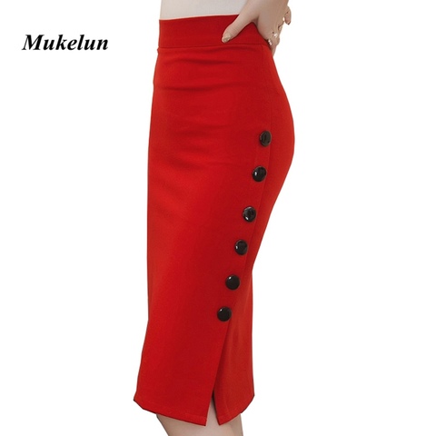 Plus la Taille 2022 Mode Femmes Travail Midi Jupe OL Sexy Ouvert Fente Bouton Mince Crayon Jupe Élégant Bureau Dames Jupes rouge Noir ► Photo 1/6