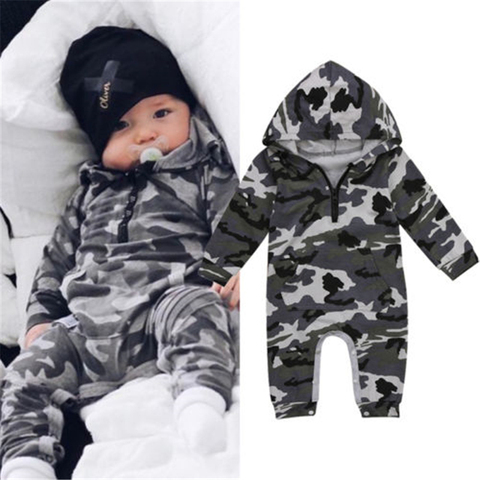 Barboteuse pour bébé garçon à capuche Camouflage à manches longues, combinaison pour nouveau-né, vêtements chauds d'automne ► Photo 1/6