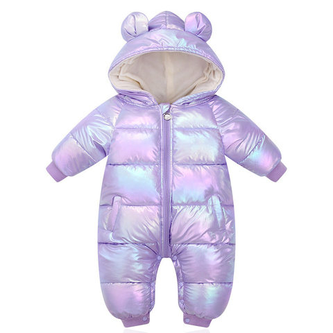 Nouveau Plus velours combinaisons bébé hiver barboteuses dessin animé à capuche brillant imperméable nouveau-né filles Snowsuit enfant en bas âge garçons manteau vêtements ► Photo 1/5