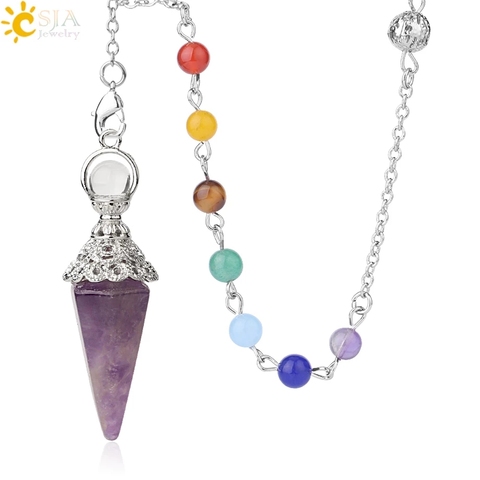 CSJA pierres naturelles Pendule pour radiesthésie Divination 7 Chakra chaîne colonne hexagonale argent-couleur cône pendentif Reiki Pendule G400 ► Photo 1/6