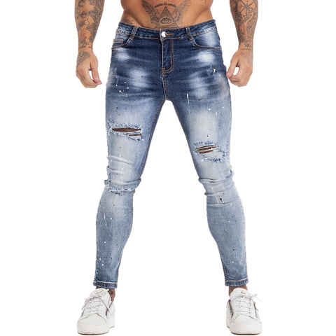 GINGTTO-Jeans Skinny à taille élastique pour hommes, pantalon extensible, Streetwear bleu, zm139 ► Photo 1/5