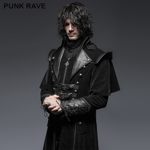 PUNK RAVE gothique cuir ceintures à sertir épaule zippée doublé hommes longue Trench manteau noir veste pardessus Halloween fête de noël ► Photo 1/6