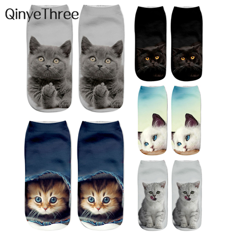 Chaussettes courtes unisexes, imprimées en 3D, mignonnes, avec dessin animé, chaussettes courtes, colorées, multiples visages de chat, heureuses, basses cheville pour femmes, nouveauté ► Photo 1/6