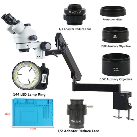 Microscope trinoculaire stéréo à simulateur de focale d'objectif 144 x – 90x, bras articulé avec pince, lentille auxiliaire, lampe LED pour soudage ► Photo 1/5