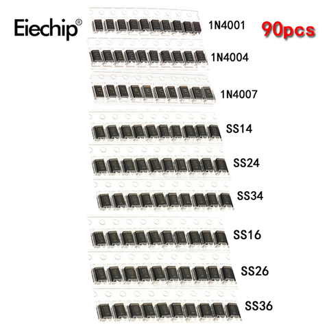 90 pièces diode schottky SMA 1N4001 1N4004 1N4007 SS14 SS24 SS34 SS16 SS26 SS36 SMD circuit IC assortiment kit ► Photo 1/1