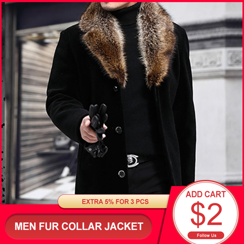 Hiver hommes Long manteau en laine col de fourrure chaud mâle solide mince décontracté coupe-vent veste automne haut tendance Outwear grande taille nouveau ► Photo 1/5