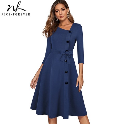 Nice-forever printemps couleur unie avec bouton rétro robes élégantes parti Flare Swing femmes robe A241 ► Photo 1/6