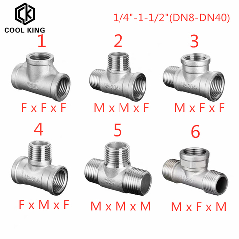 Raccord de tube en T à 3 voies fileté en acier inoxydable 1/4, DN8/DN15/DN40 mâle + mâle + femelle 1/2 