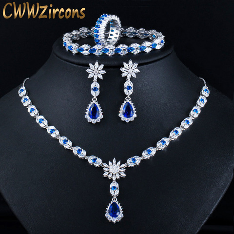 CWWZircons 4 pièces bleu cubique Zircon cristal fleur goutte de mariage collier boucle d'oreille Bracelet anneau de mariée bijoux fantaisie ensembles T439 ► Photo 1/6