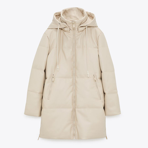 Malina mode Parkas à capuche en vrac femmes élégant Beige PU cuir manteaux femmes côté fermeture éclair fendu longues vestes en coton dames ► Photo 1/6