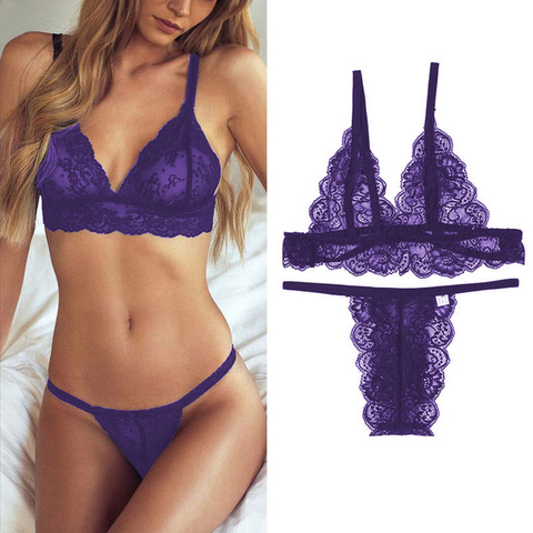 Ensemble Sexy en dentelle transparente pour femmes, ensemble Lingerie florale, soutien-gorge ouvert, violet, vêtements de nuit, sous-vêtements en string ► Photo 1/6