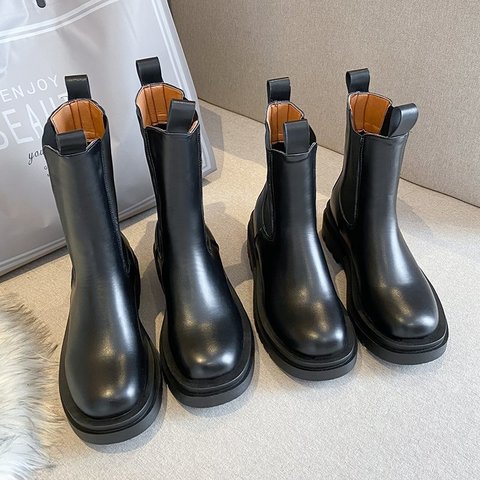 TUINANLE – bottines épaisses en cuir PU pour femme, chaussures d'hiver, en peluche, noires, à la mode, Chelsea, automne ► Photo 1/6