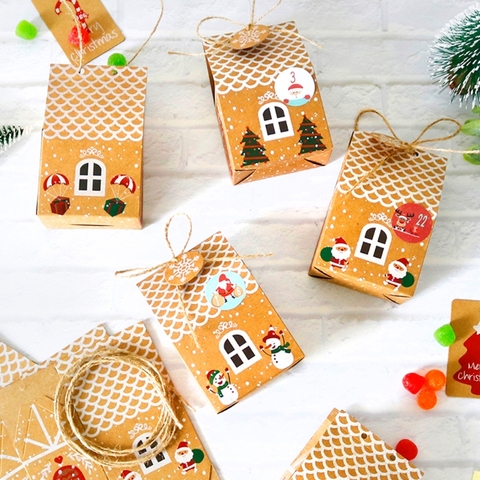 24 ensembles boîte-cadeau maison de noël biscuits en papier Kraft sac de bonbons étiquettes de flocon de neige 1-24 calendrier de l'avent autocollants corde fournitures de fête ► Photo 1/6