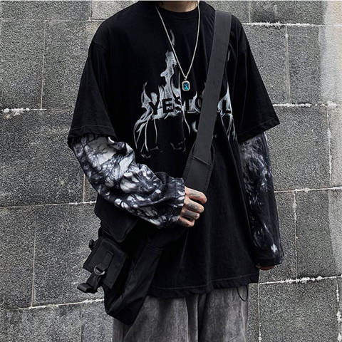 T-Shirt Hip Hop noir décontracté haut d'automne T-Shirt faux deux pièces à manches longues hommes T-Shirt mode japon T-Shirt Streetwear garçons ► Photo 1/6