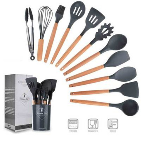 Ustensile de cuisine en Silicone en bois ustensiles de cuisine antiadhésifs cuillère louche à soupe tourneur spatule à crêpes pince ustensiles de cuisine Gadget de cuisson ► Photo 1/6