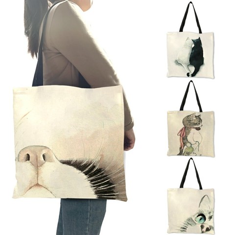 Aquarelle peint à la main sacs fourre-tout Floral mignon chat impression sac à bandoulière pour femmes dame bureau sac à main quotidien décontracté sacs à provisions ► Photo 1/6