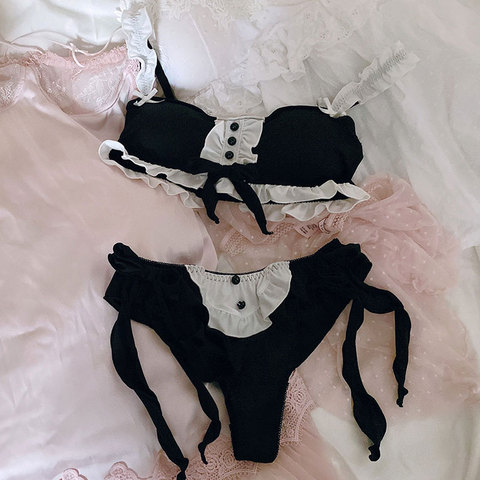 Girly sexy femme de chambre sombre nœud papillon décoré sous-vêtements sans anneau en acier lait soie ensemble de soutien-gorge string arrière double rangée boucle lingerie avec pantalon ► Photo 1/6