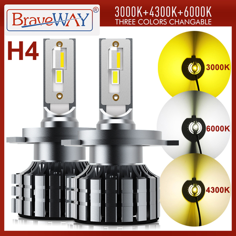 BraveWay 3000K + 4300K + 6000K H4 PHARE LED Pour voiture Lampes H4 LED Canbus Bi-led H4 Ampoules 12V 12000LM 3 couleurs Blanc Jaune ► Photo 1/6