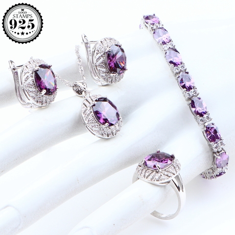 Ensembles de bijoux de mariage en argent, boucles d'oreilles en zircone cubique violette pour femmes, collection de colliers, bagues, coffret cadeau, 925 ► Photo 1/6