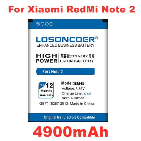 Batterie LOSONCOER 4900mAh BM45 pour batterie d'origine Xiaomi Redmi Note 2 batterie Hongmi riz rouge Note2 polymère Batteries de téléphone portable ► Photo 1/6