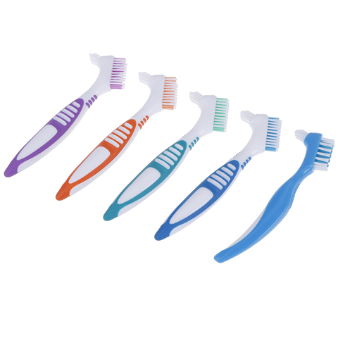 Blanchiment des dents de brosse de prothèse bicolore, brosse de nettoyage de prothèse outil de soin Oral de brosse de fausse dents de poils multicouches ► Photo 1/5