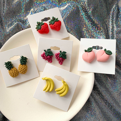 Boucles d'oreilles colorées pour fille, nouveauté, été, raisin, pêche, banane, fruits acryliques, fraise, ananas, Clip, 2022 ► Photo 1/6