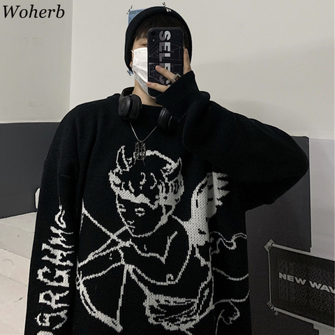 Woherb chandails femmes Streetwear tricoté pull ange imprimer mode Hip Hop hommes automne Harajuku surdimensionné vêtements pulls ► Photo 1/6