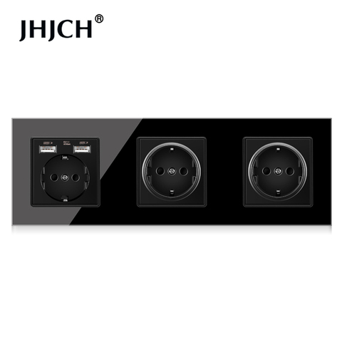 Fiche d'alimentation Jhjch EU 3 cadres, prise de courant mise à la terre 16a, avec sortie USB, panneau de verre 258mm * 86mm ► Photo 1/6